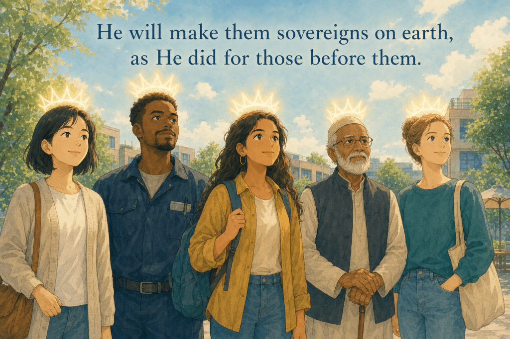 Diverse modern people with soft crowns of light; verse 24:55 verbatim: "He will make them sovereigns on earth, as He did for those before them."