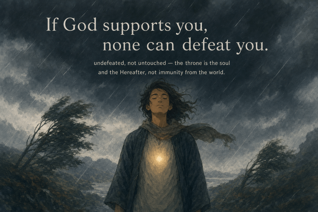 A believer serene in a storm with a steady inner light; verse 3:160 verbatim: "If God supports you, none can defeat you" — undefeated, not untouched.
