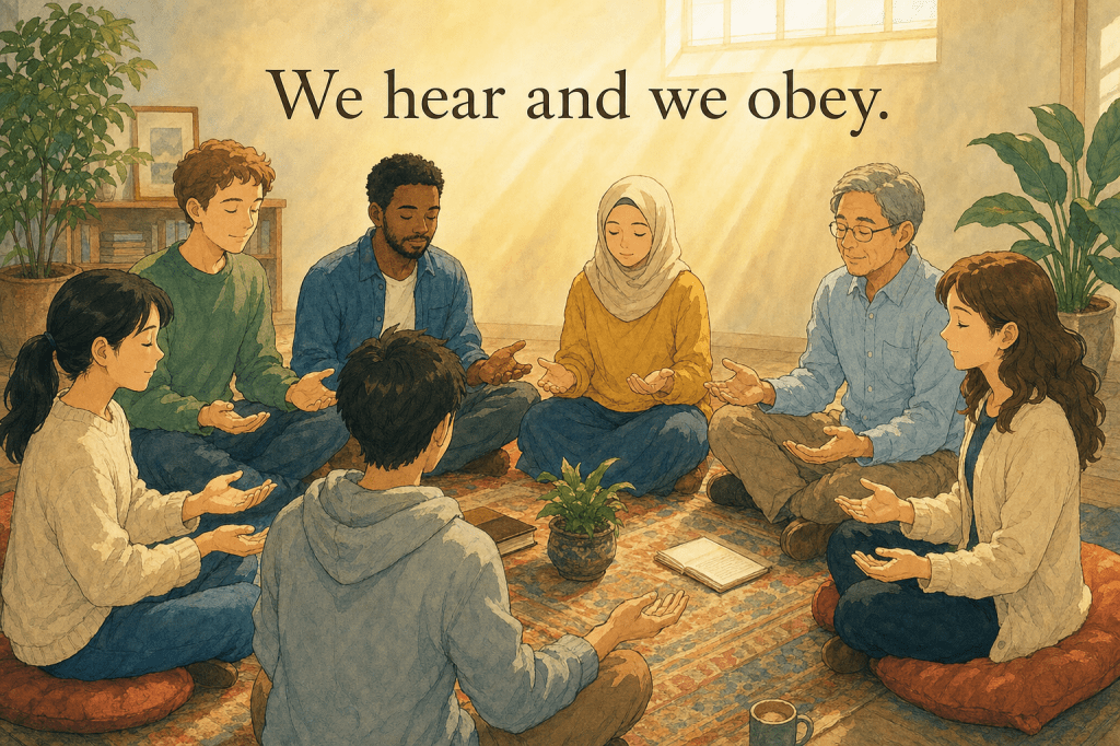 Diverse circle, open palms of willing trust; verse 24:51 verbatim: "We hear and we obey."