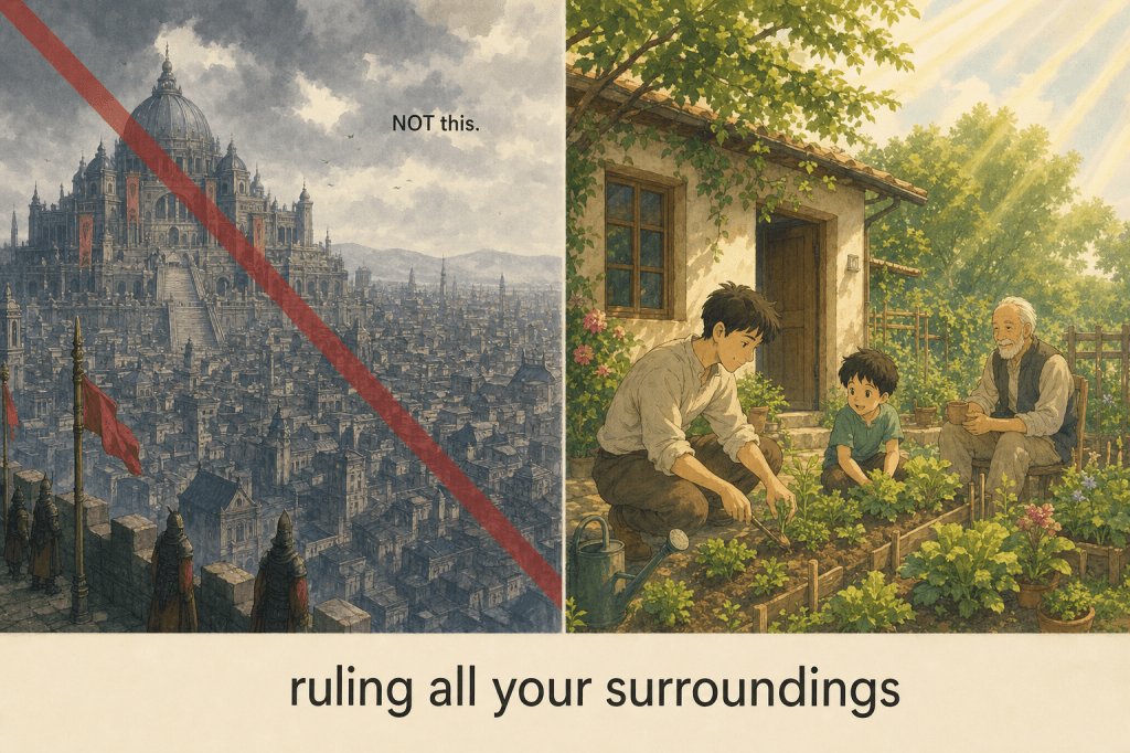 Split panel — a crossed-out empire/palace vs tending one's own home and garden; caption "ruling all your surroundings" (Rashad Khalifa).
