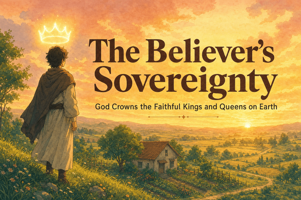 Title card — lone believer at dawn, soft crown of light over their own modest home and fields; title "The Believer's Sovereignty" + subtitle "God Crowns the Faithful Kings and Queens on Earth".