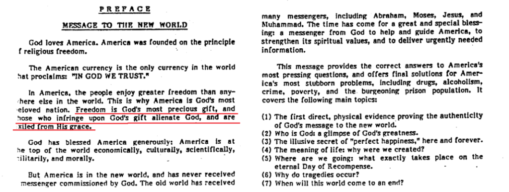 Scan of Rashad Khalifa's preface 'Message to the New World' — 'Freedom is God's most precious gift...'