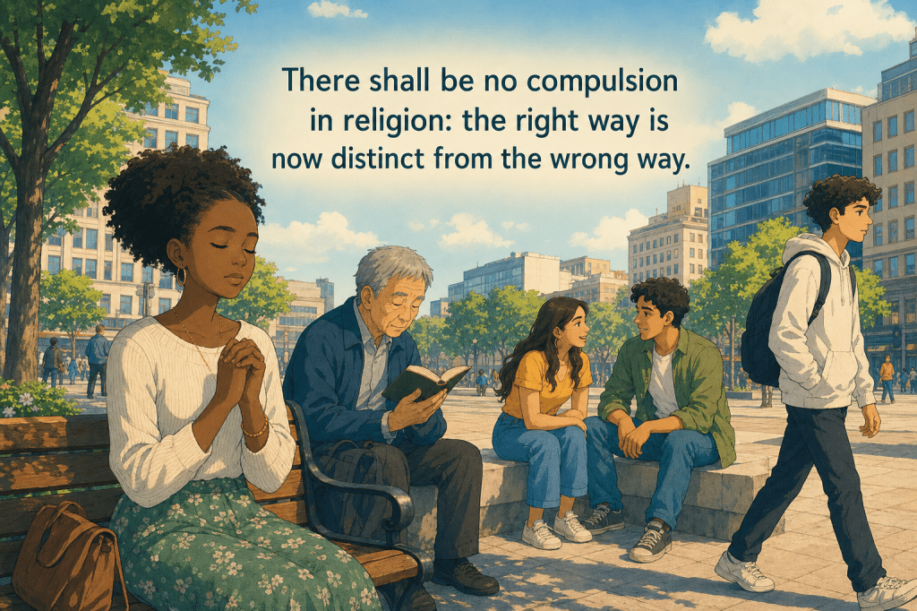 Diverse worship in a modern city square; verse 2:256 in full.