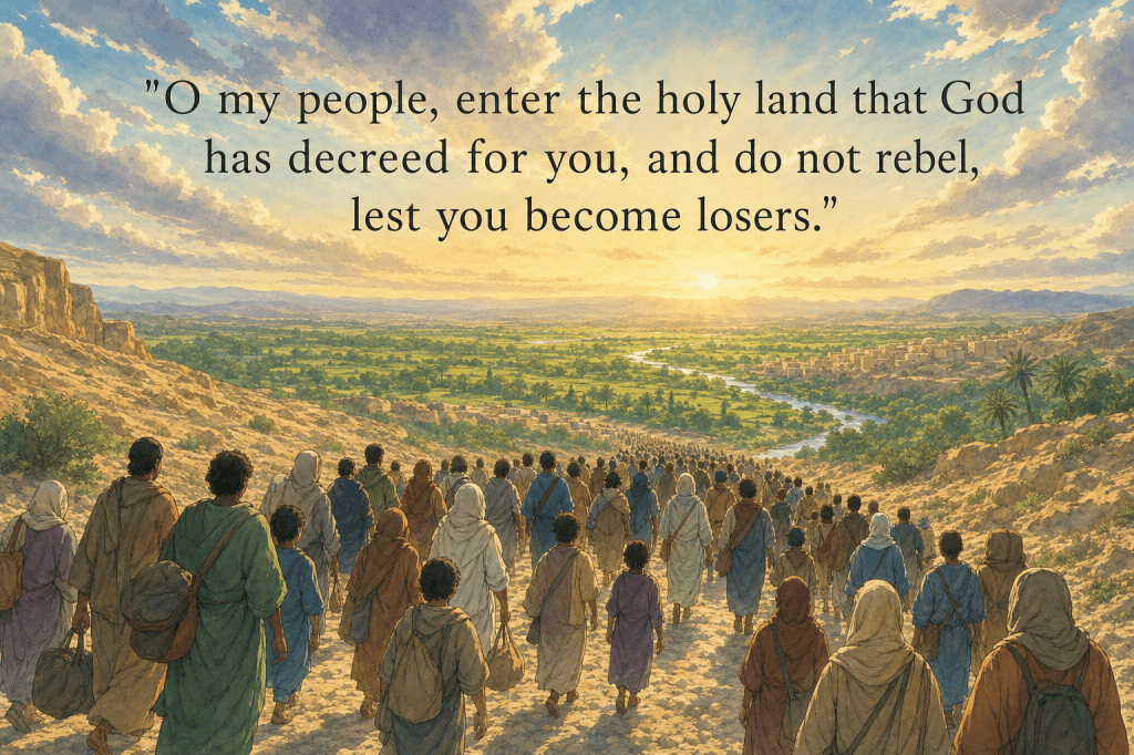 A people entering the holy land at dawn; verse 5:21.