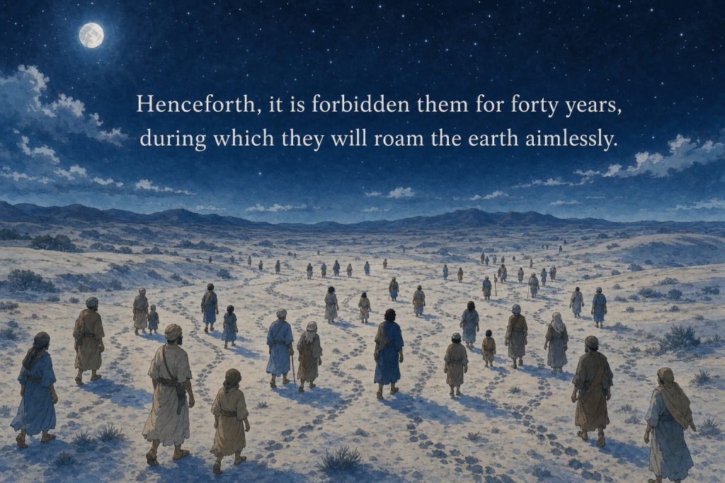 Aimless forty-year wilderness wandering at night; verse 5:26.