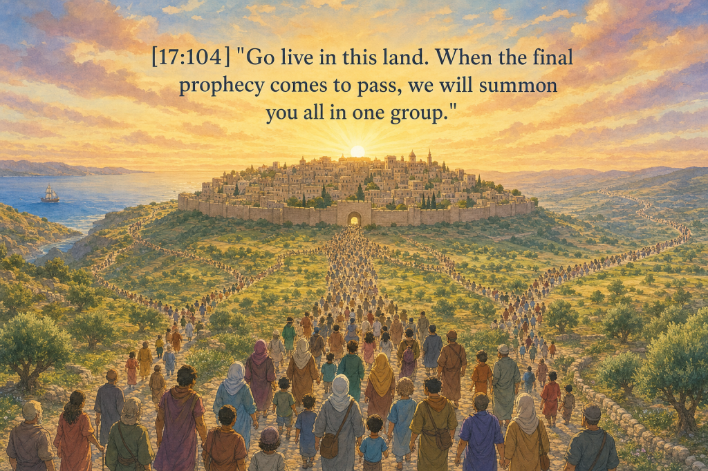 End-times ingathering converging on the land; verse 17:104.