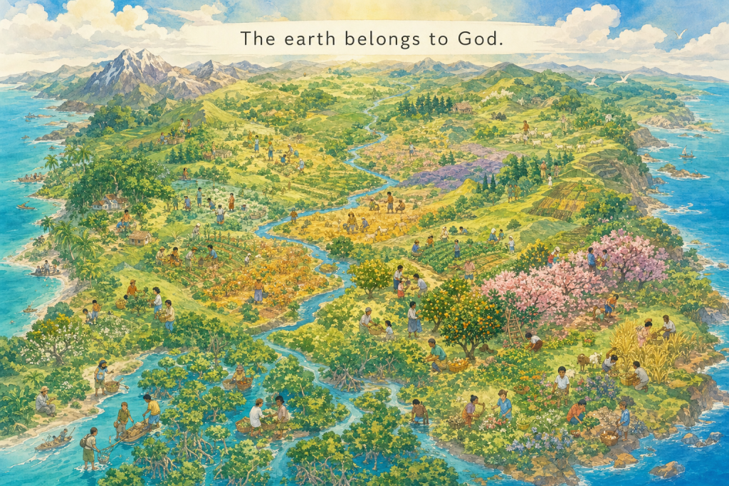 The earth as God's many-region stewardship; 7:128 'The earth belongs to God.'