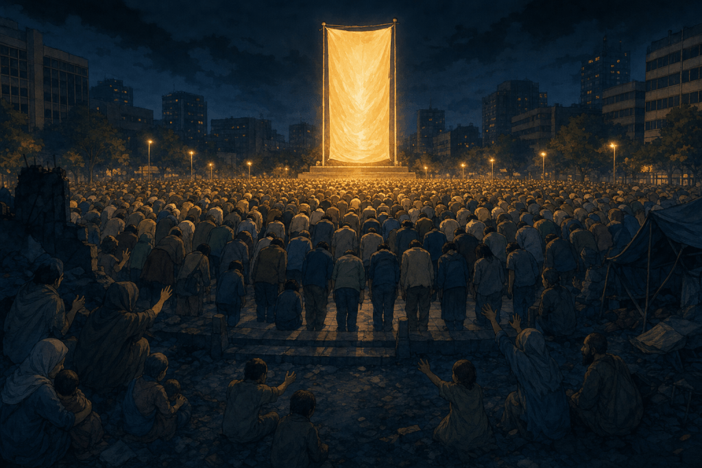 A crowd bowing to a glowing banner-idol while others suffer unseen.