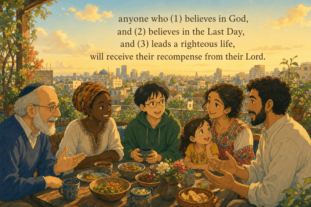 A diverse circle sharing food as equals; verse 2:62.