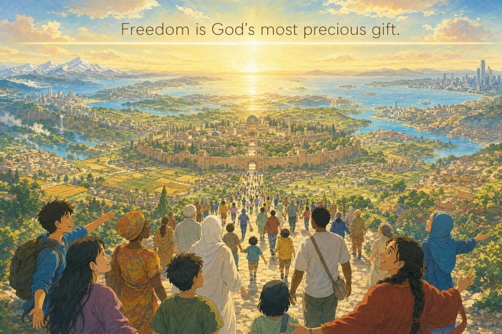 Humanity returning freely to one God at sunrise; 'Freedom is God's most precious gift.'