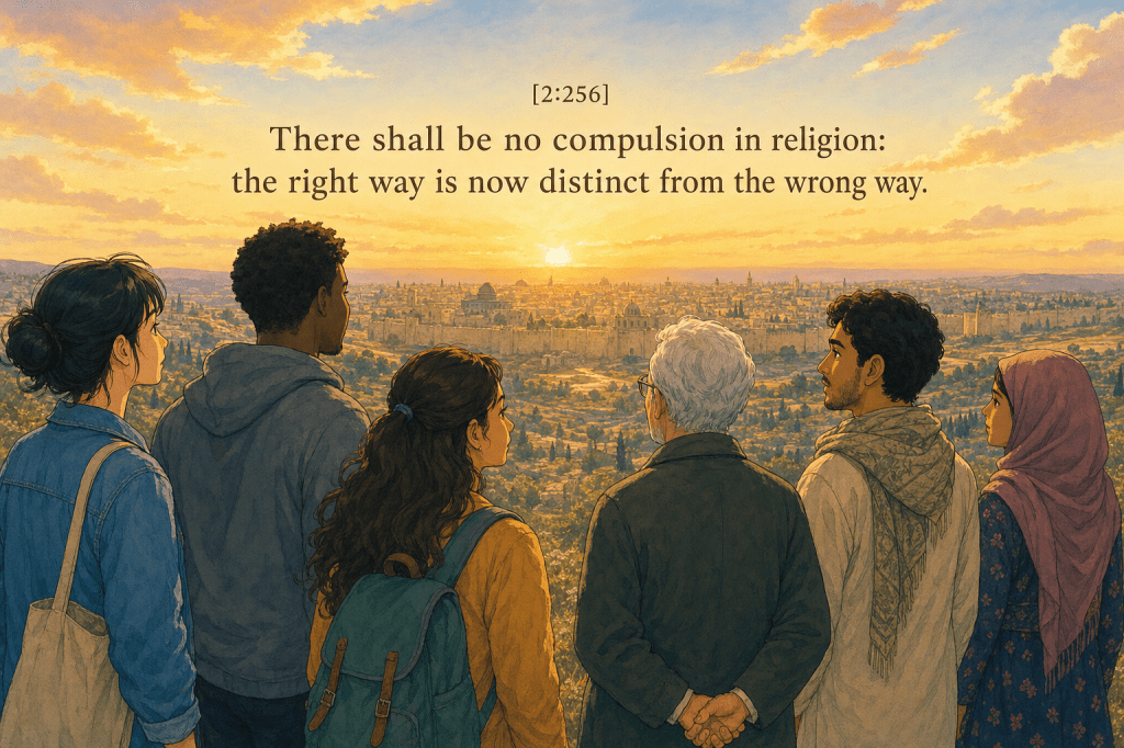 Diverse crowd on a hilltop at sunrise gazing toward an ancient city; verse 2:256.
