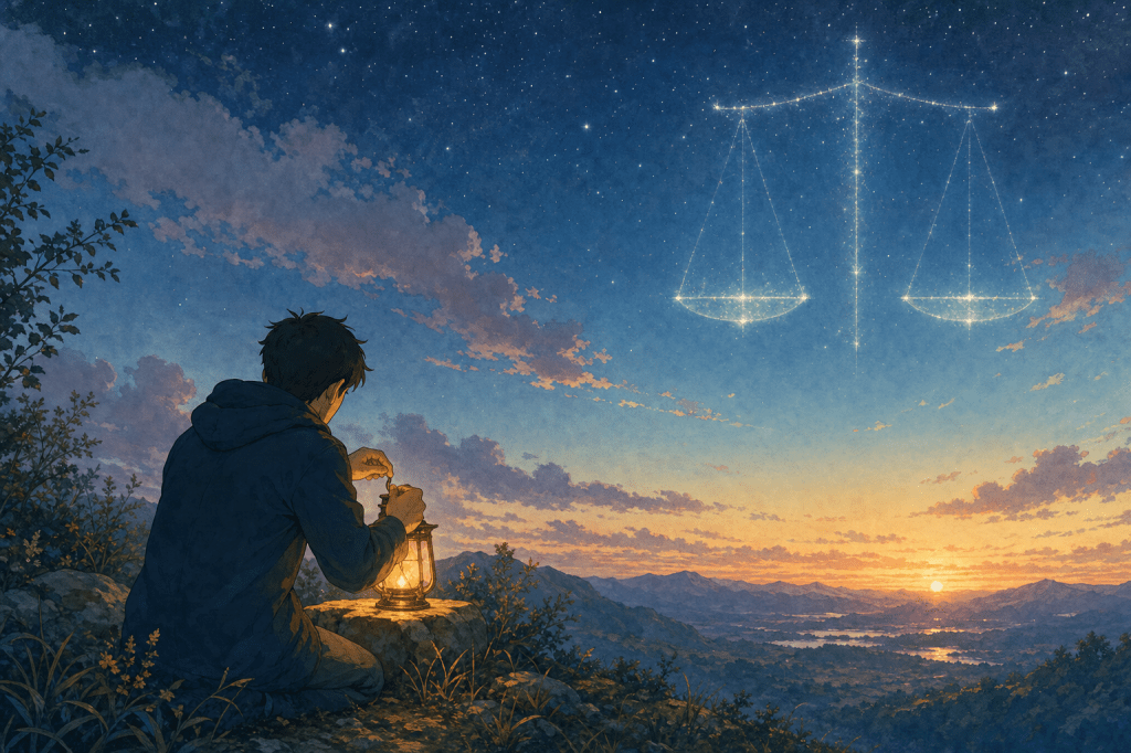 The two axes — the lantern of the MANNER (his) vs the vast sky of the OUTCOME (God's)