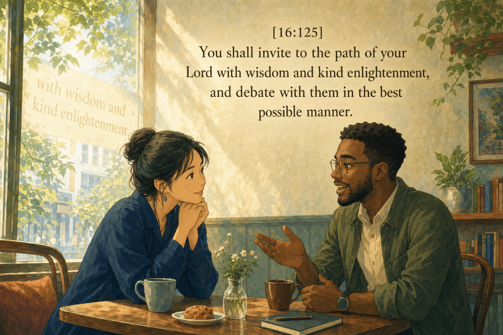 Warm conversation — 'with wisdom and kind enlightenment' (16:125)