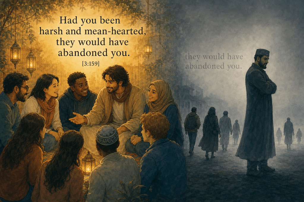 Warm circle vs lone harsh figure — 'they would have abandoned you' (3:159)