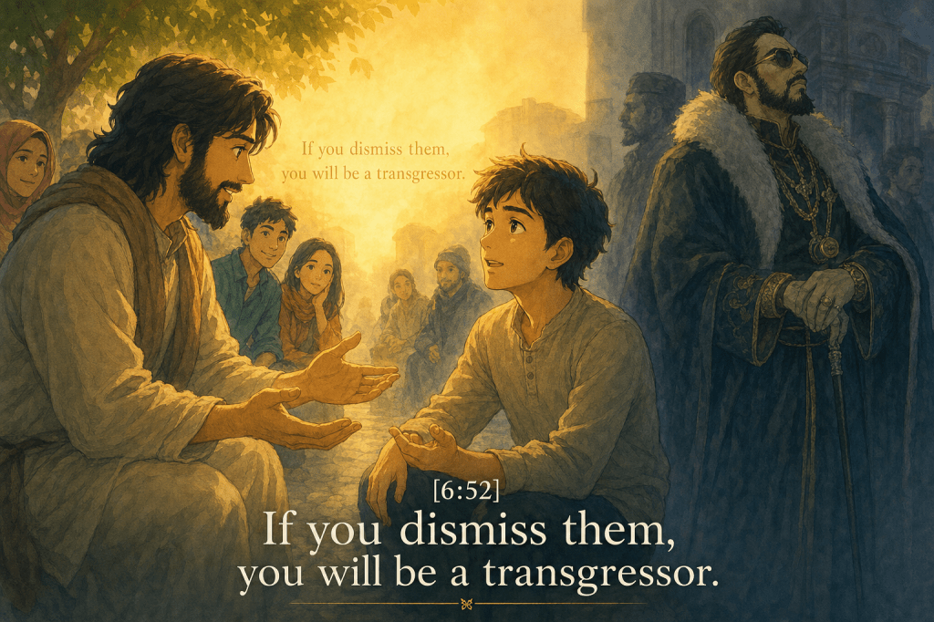 The eager seeker valued, the prominent man fading — 'If you dismiss them, you will be a transgressor' (6:52)