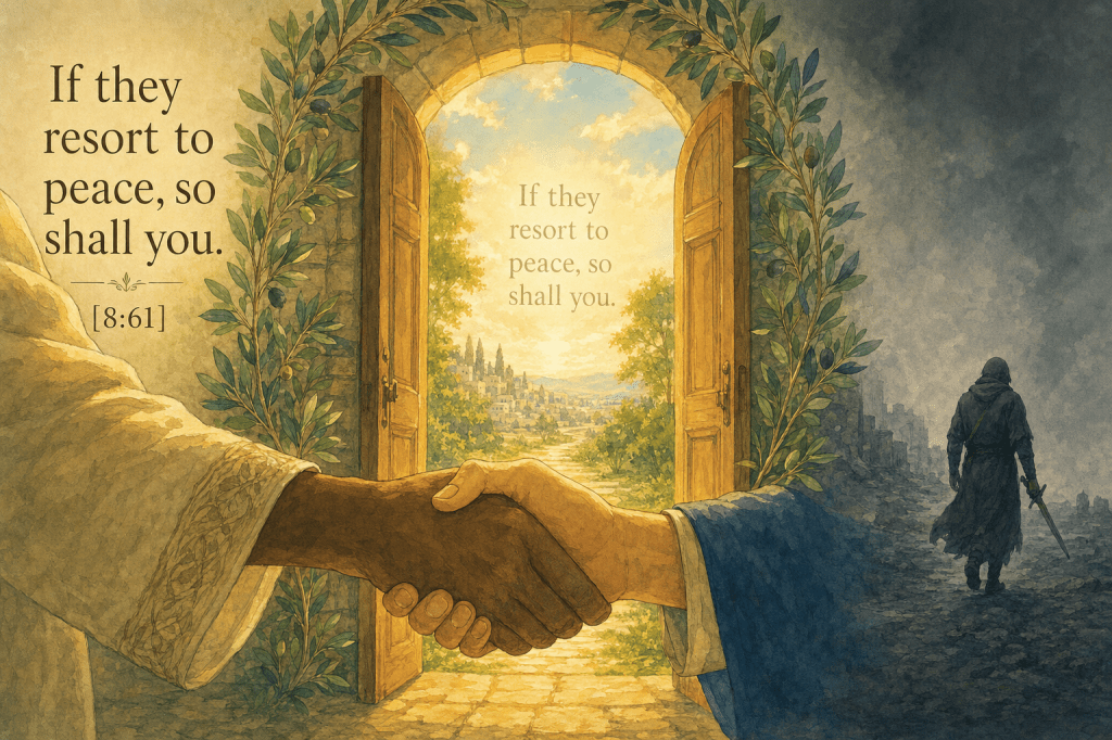 Handshake of peace, aggressor receding — 'If they resort to peace, so shall you' (8:61)