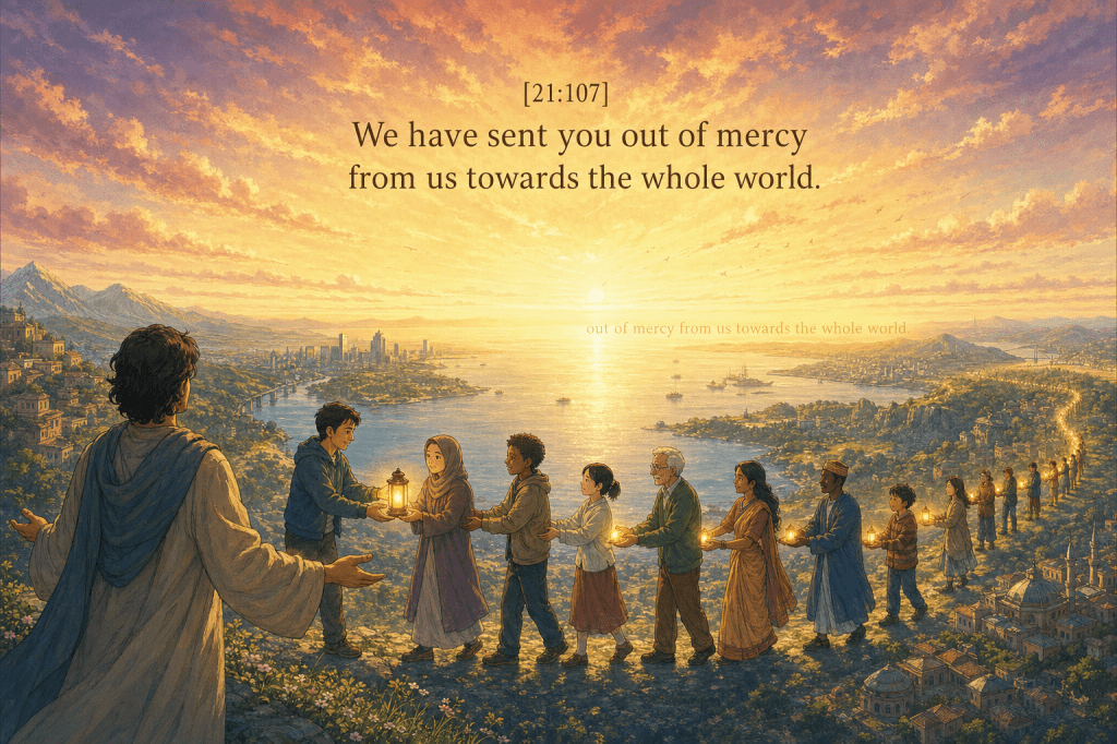The lantern passed hand to hand, messenger steps back — 'out of mercy... towards the whole world' (21:107)