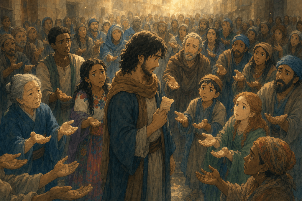 One scribe holding a single parchment before a large diverse crowd of memorizers standing with empty open hands