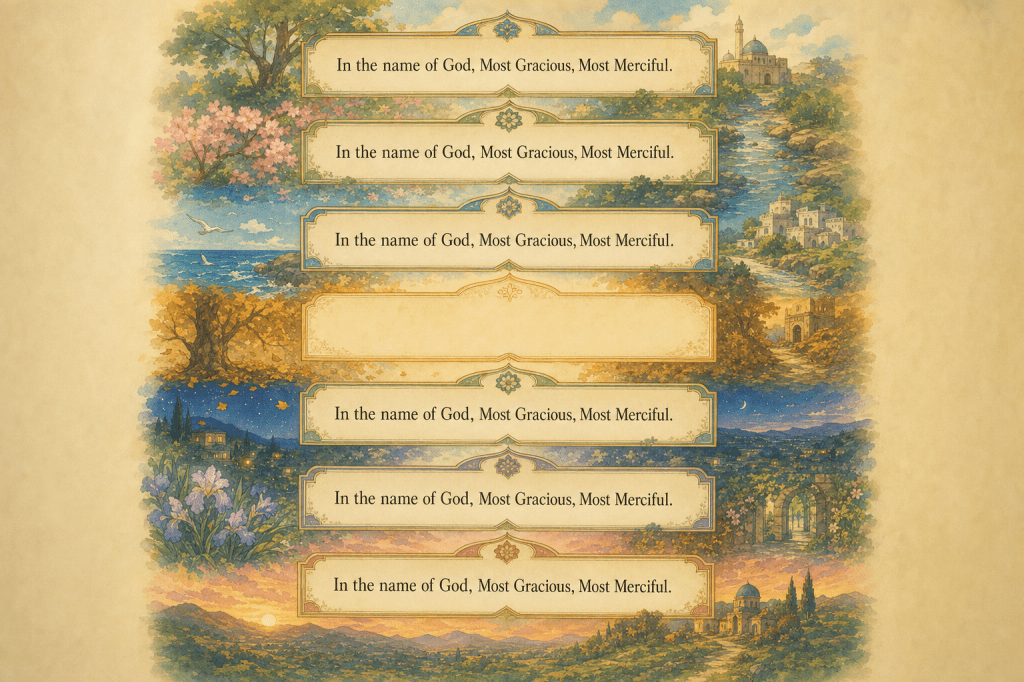 A row of chapter openings each reading In the name of God Most Gracious Most Merciful, with one conspicuously missing it