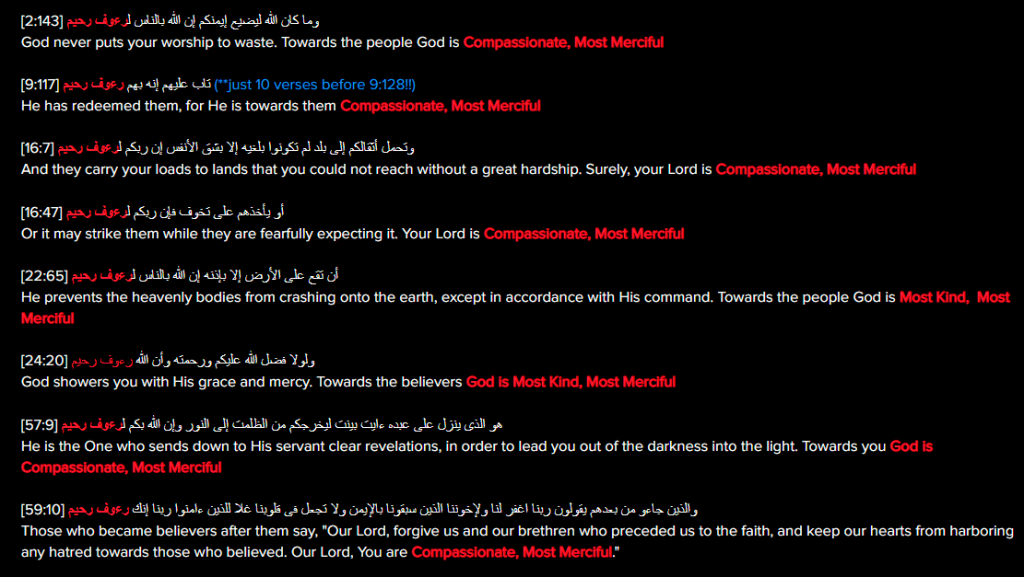 The attribute-pair "Compassionate, Merciful" appears 8 times in the Final Testament — every one describing God: 2:143, 9:117, 16:7, 16:47, 22:65, 24:20, 57:9, 59:10.