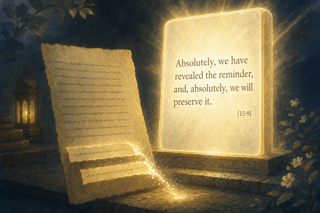 A luminous tablet of light reading the preservation verse 15:9, against which a tampered page is checked and its two extra lines dissolve away