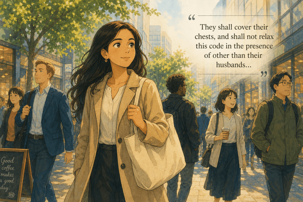 A modern woman, hair uncovered and chest modestly covered, with verse 24:31 — cover the chest, not the hair.