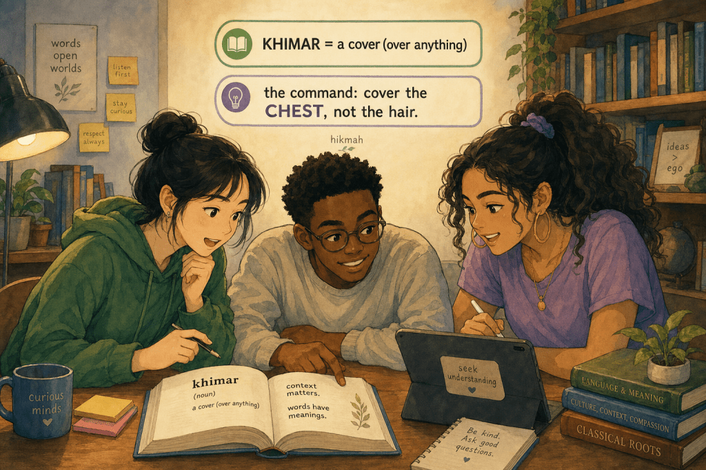 Students comparing definitions: KHIMAR = a cover (over anything); the command is to cover the CHEST, not the hair.