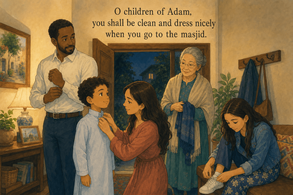 A multi-ethnic family leaving for the mosque, with verse 7:31 — “dress nicely when you go to the masjid.”