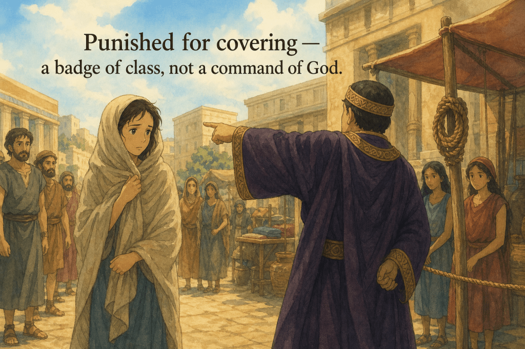 Allegory — a woman punished for covering: a badge of class, not a command of God.