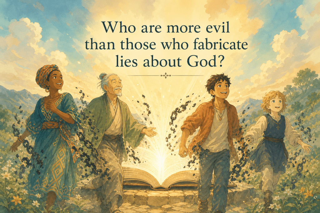 A book of light, ink-chains dissolving, with verse 11:18 — “Who are more evil than those who fabricate lies about God?”