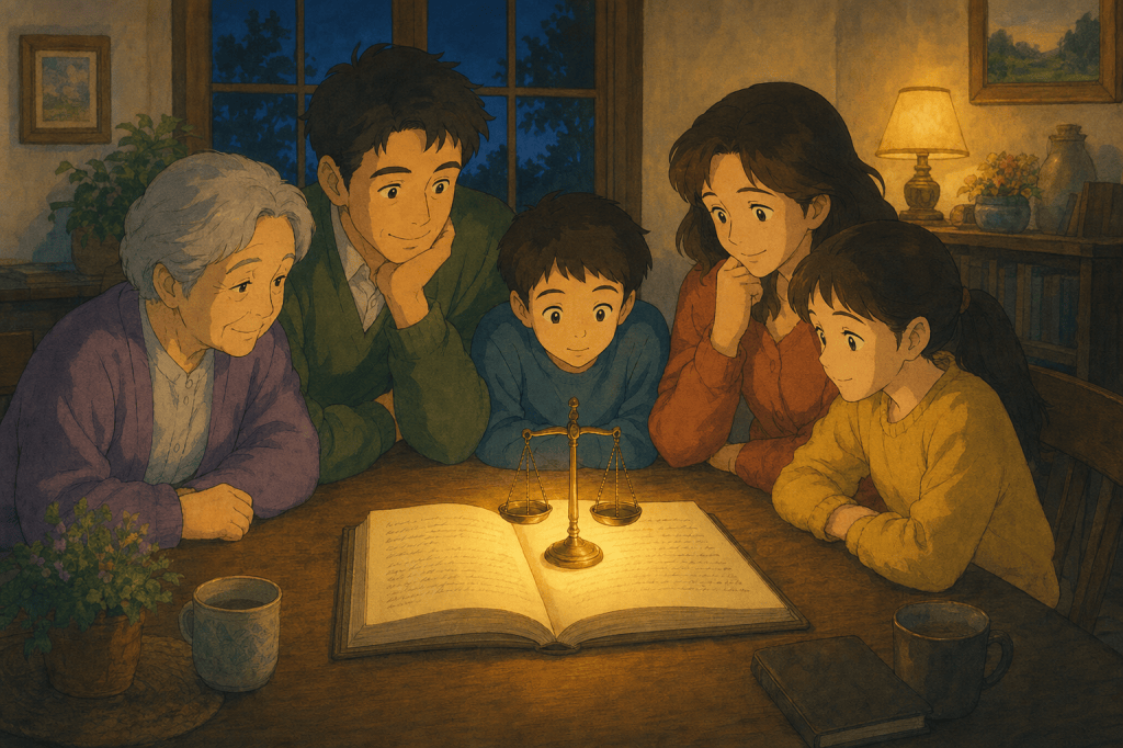 A multi-generational family gathered calmly around a written will and a small balance-scale