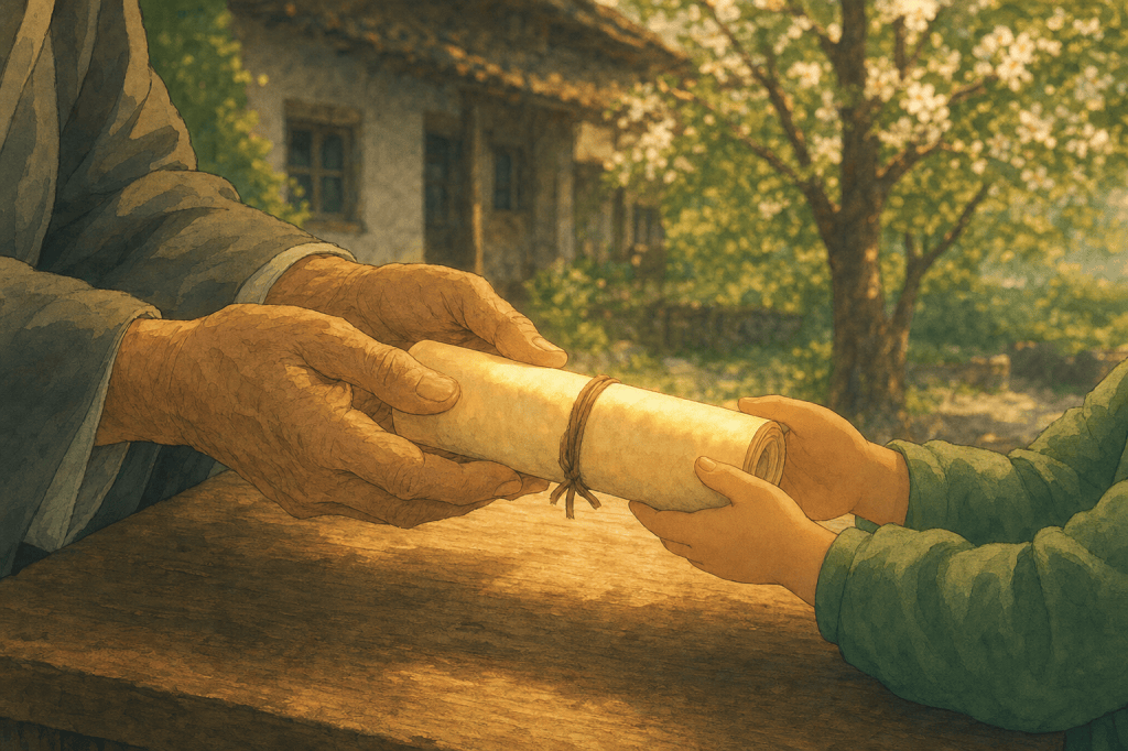 Elder hands passing a rolled land-deed into a child's hands - inheritance across generations