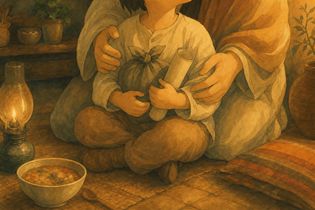 A child holding a share of an estate, sheltered by a protective adult presence - the orphan guarded