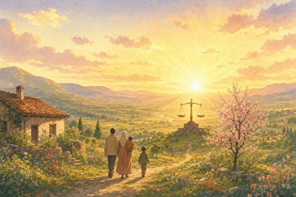 A family walking at dawn toward a glowing balance-scale over their fields - justice as inheritance