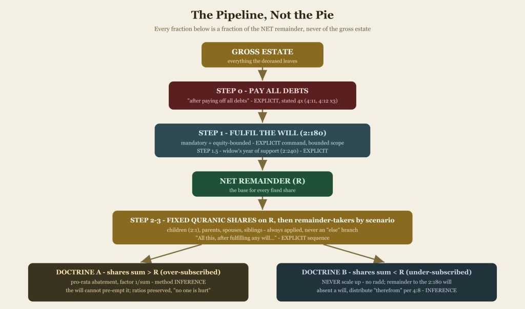 The estate pipeline: debts, widow's year, the will, then shares on the net remainder