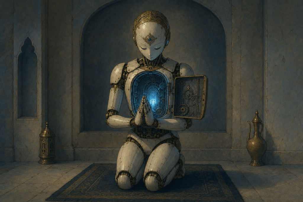 A hollow humanoid machine kneeling in a flawless prayer posture, its chest open to an empty glowing cavity where a heart should be: the mechanics-only reductio made visible.
