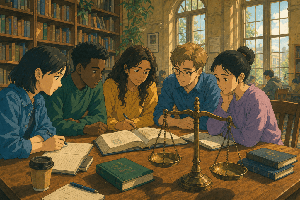 Diverse students weighing an argument fairly at a table with a balance scale (what the framework gets right).