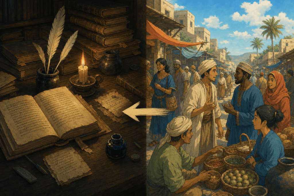 Split scene: later scholarly manuscripts vs the living daytime language that preceded them (grammar codified centuries after).