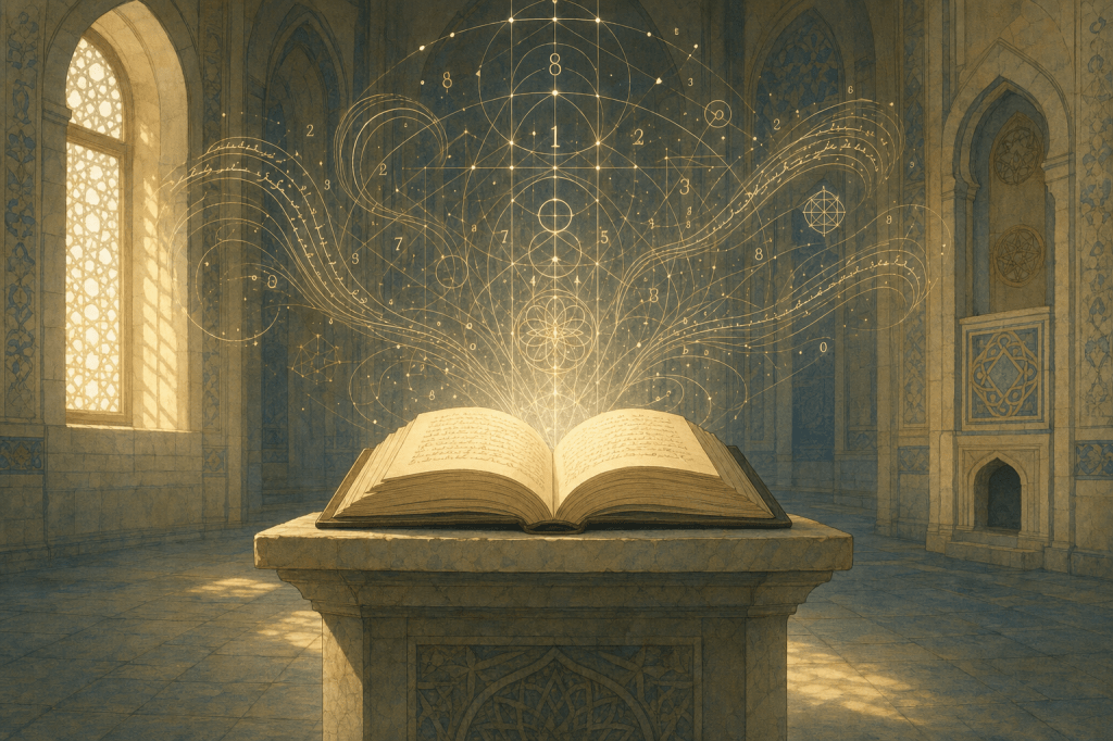 An open book radiating geometric and script-like light: a self-contained, mathematically coded and literary whole.