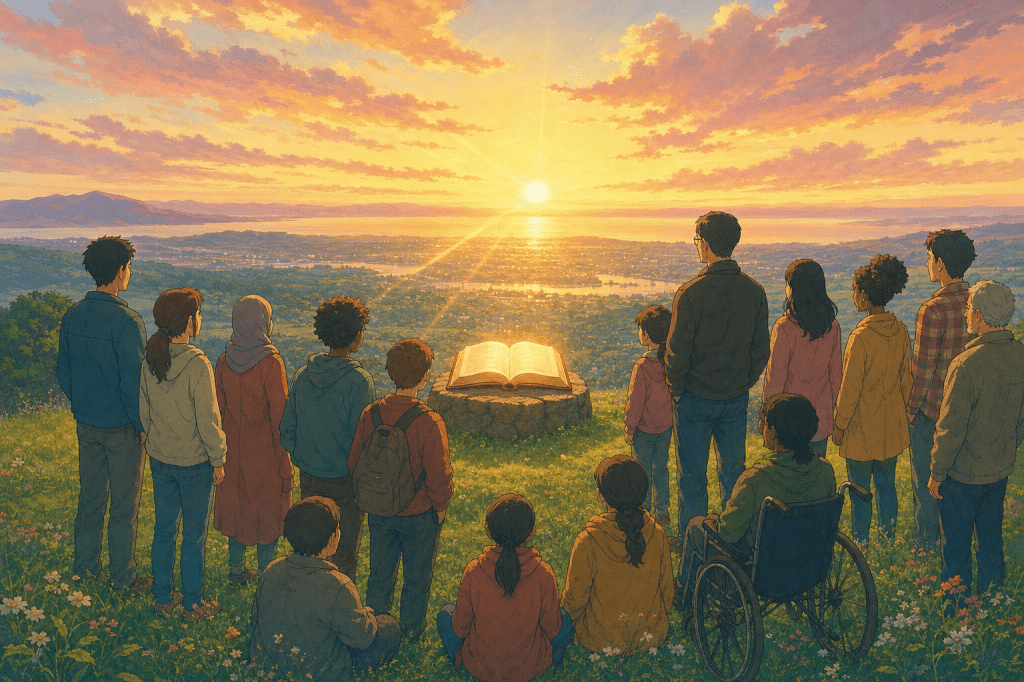 Diverse group on a hilltop at sunrise before an open book of light: let the Quran set the standard.