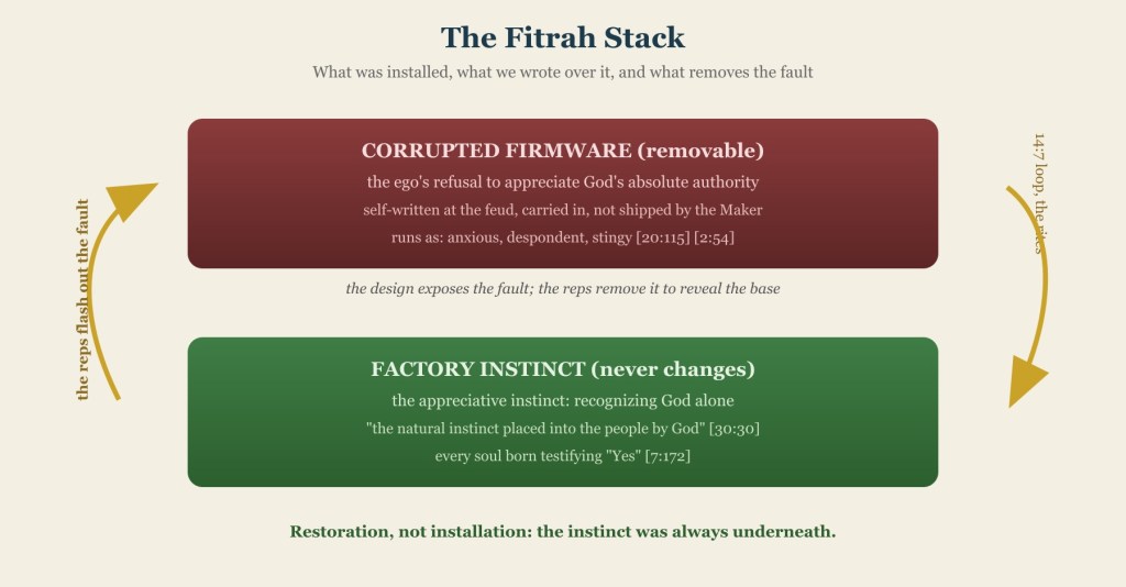 Diagram - the Fitrah Stack: appreciative instinct as permanent base, unappreciative fault as removable corrupted firmware over it