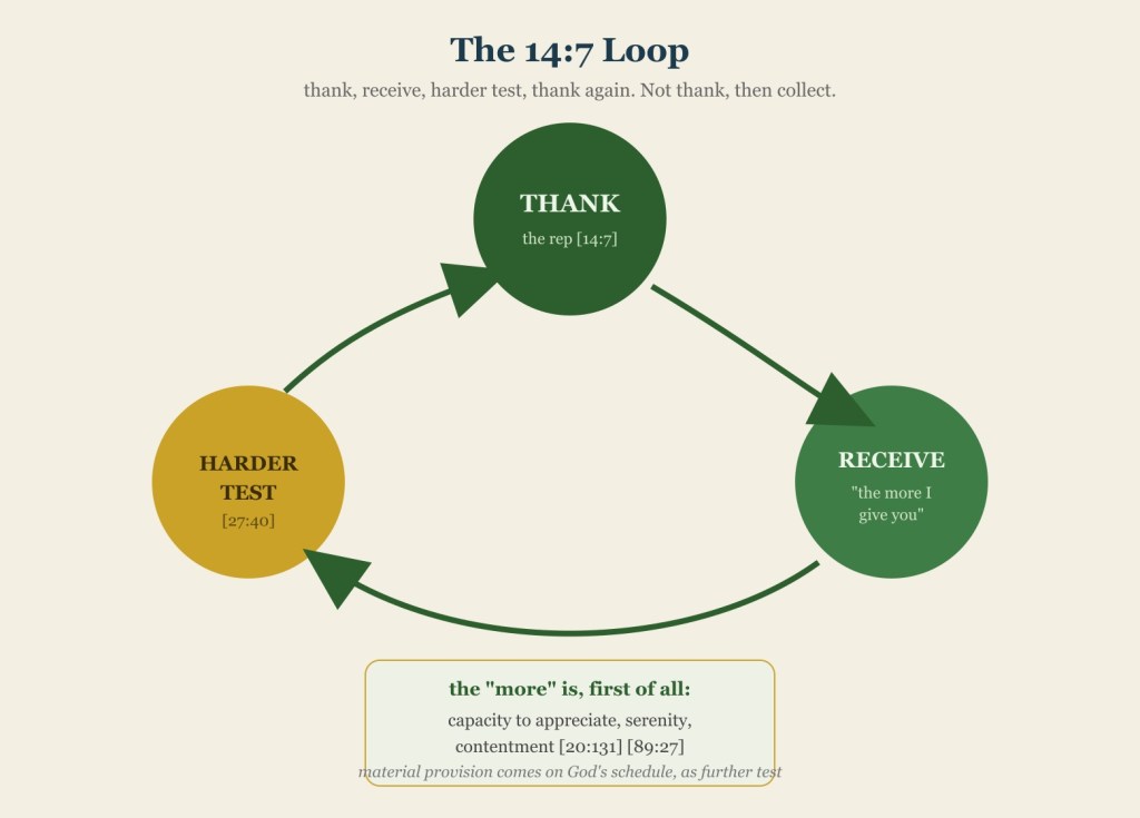 Diagram - the 14:7 loop: thank, receive, harder test; the 'more' is capacity, serenity, contentment