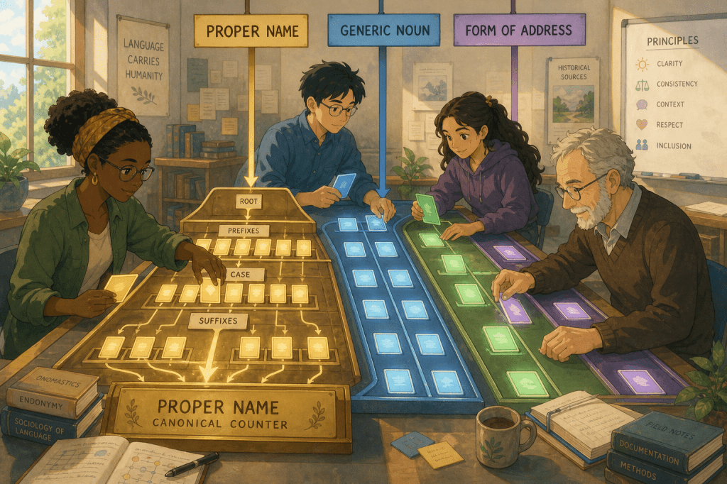 Illustrated linguistic audit separating the proper name, generic noun, and form of address.