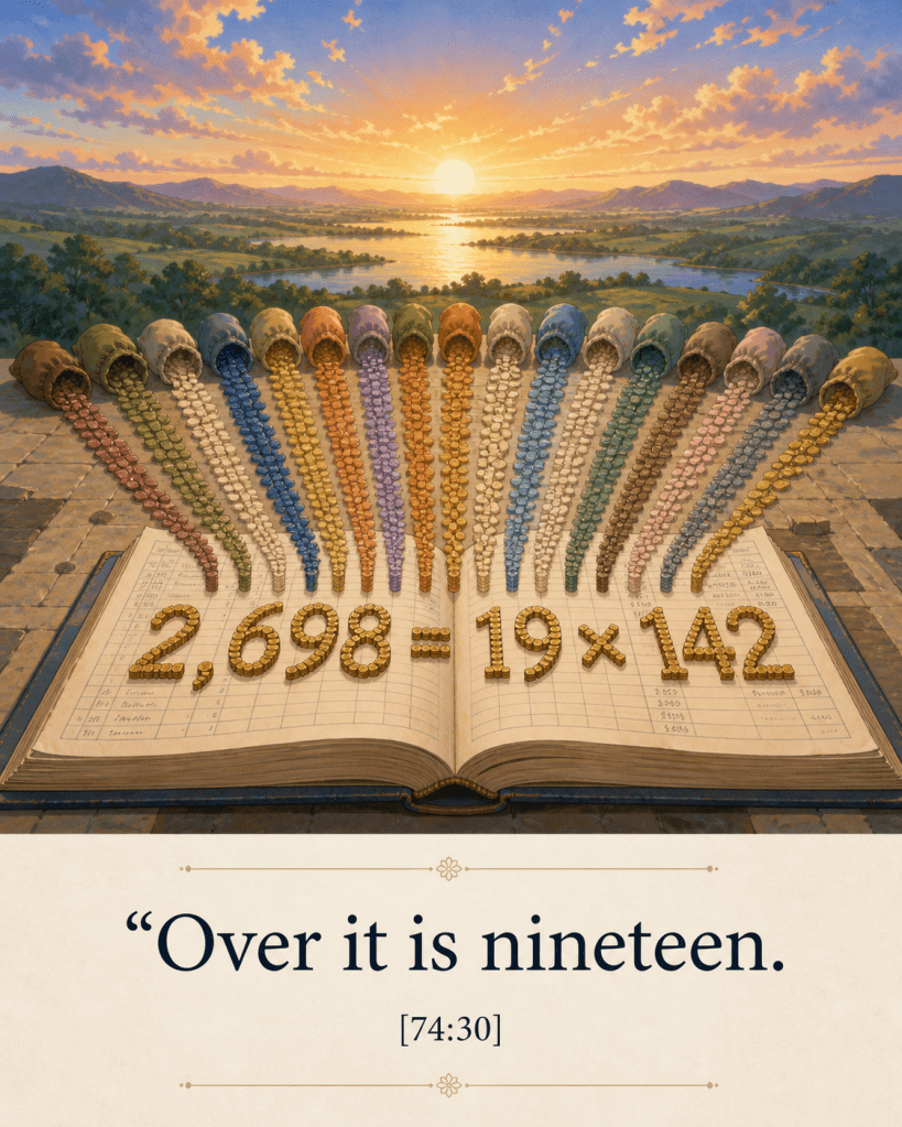 Final audit ledger joining fifteen token streams into 2,698 = 19 × 142 beneath [74:30].