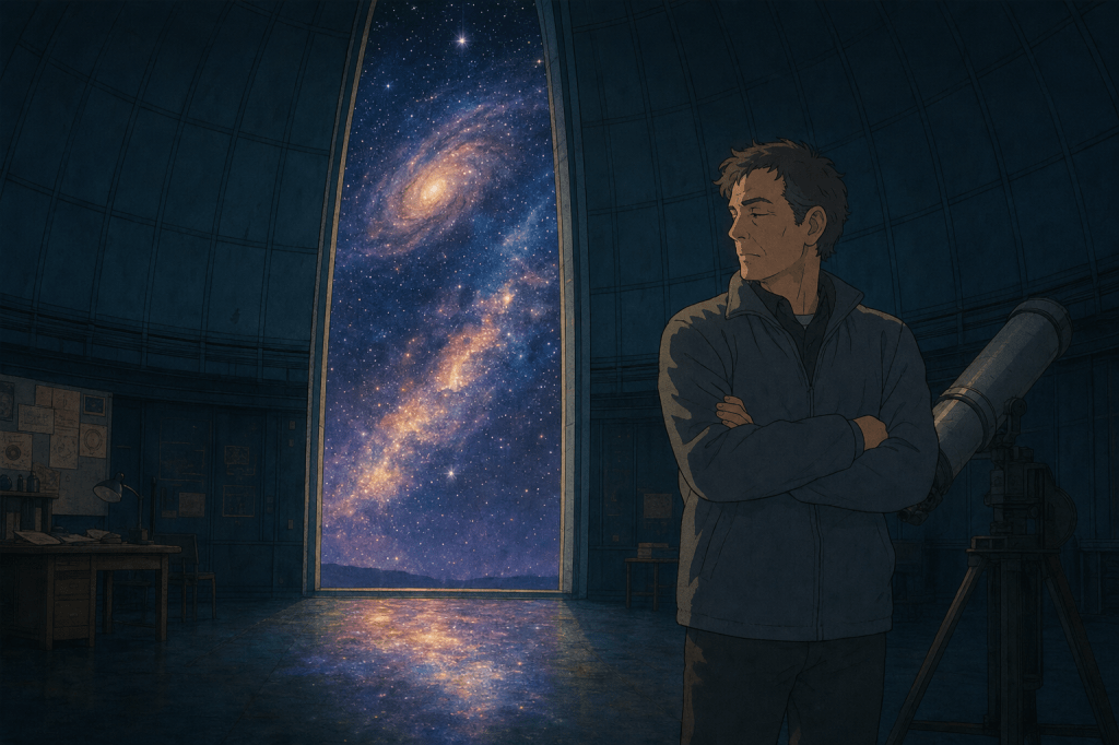 Level 1: a figure refusing to turn toward the blazing cosmos flooding through the observatory slit.