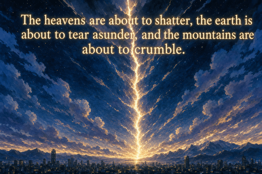 Level 2: the heavens cracking open over a city; verse 19:90 rendered verbatim across the sky.