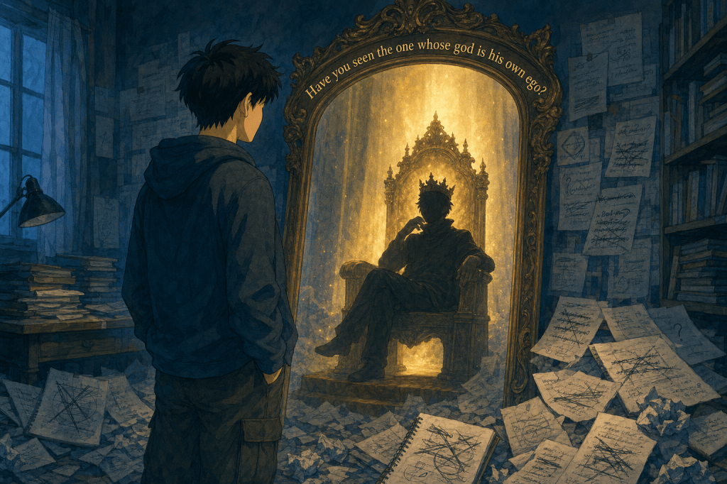 Level 4: the enthroned shadow-self in the mirror; verse 25:43 rendered verbatim on the frame.