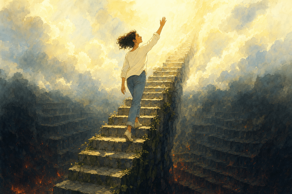Final: the ascent — a lone figure climbing from the ember chasm into golden-white light.