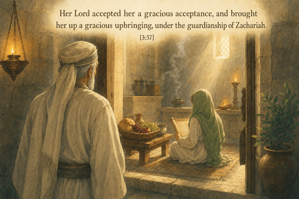 Mary raised in the sanctuary under Zachariah; miraculous provisions [3:37]
