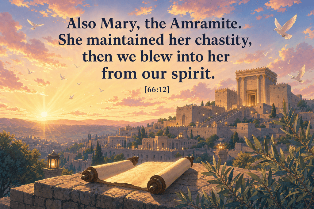Final image — dawn over the sanctuary: 'Also Mary, the Amramite...' [66:12]